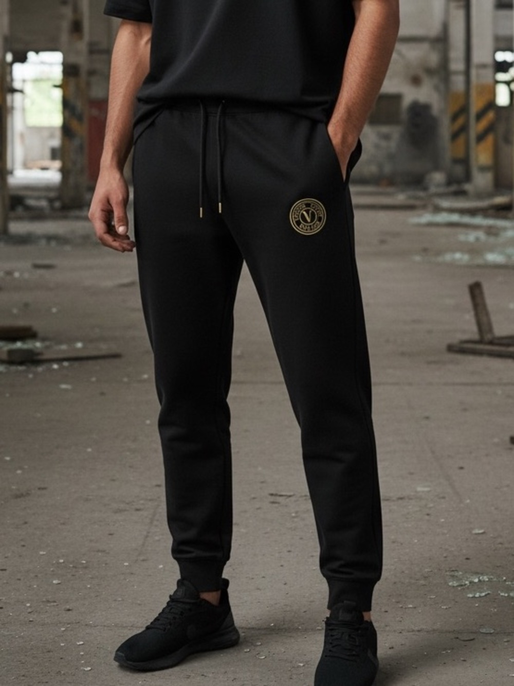 Versace Black Joggers with Gold Logo Badge